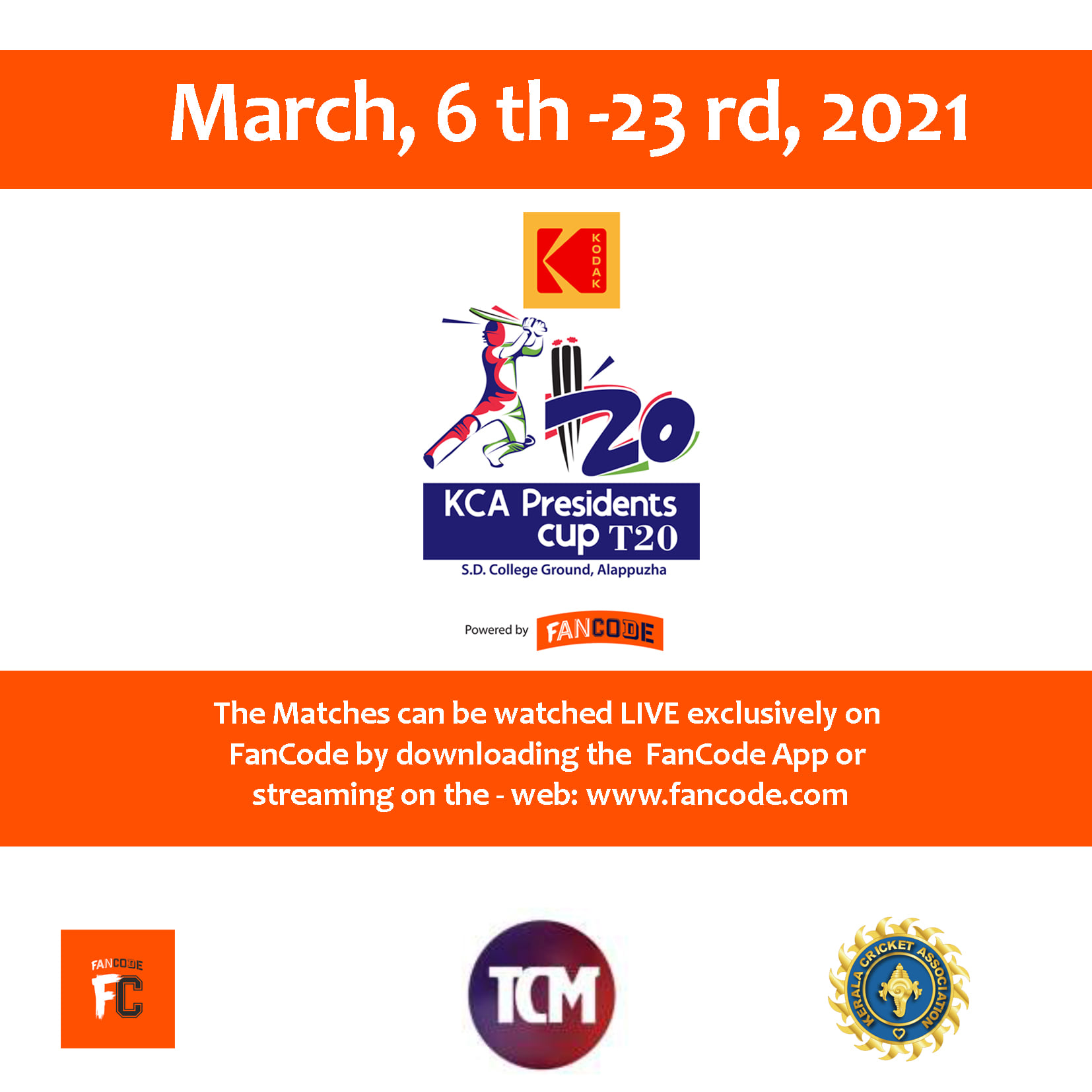 Watch Live! Kodak KCA Presidents Cup T20 Kerala Cricket Association Official Website
