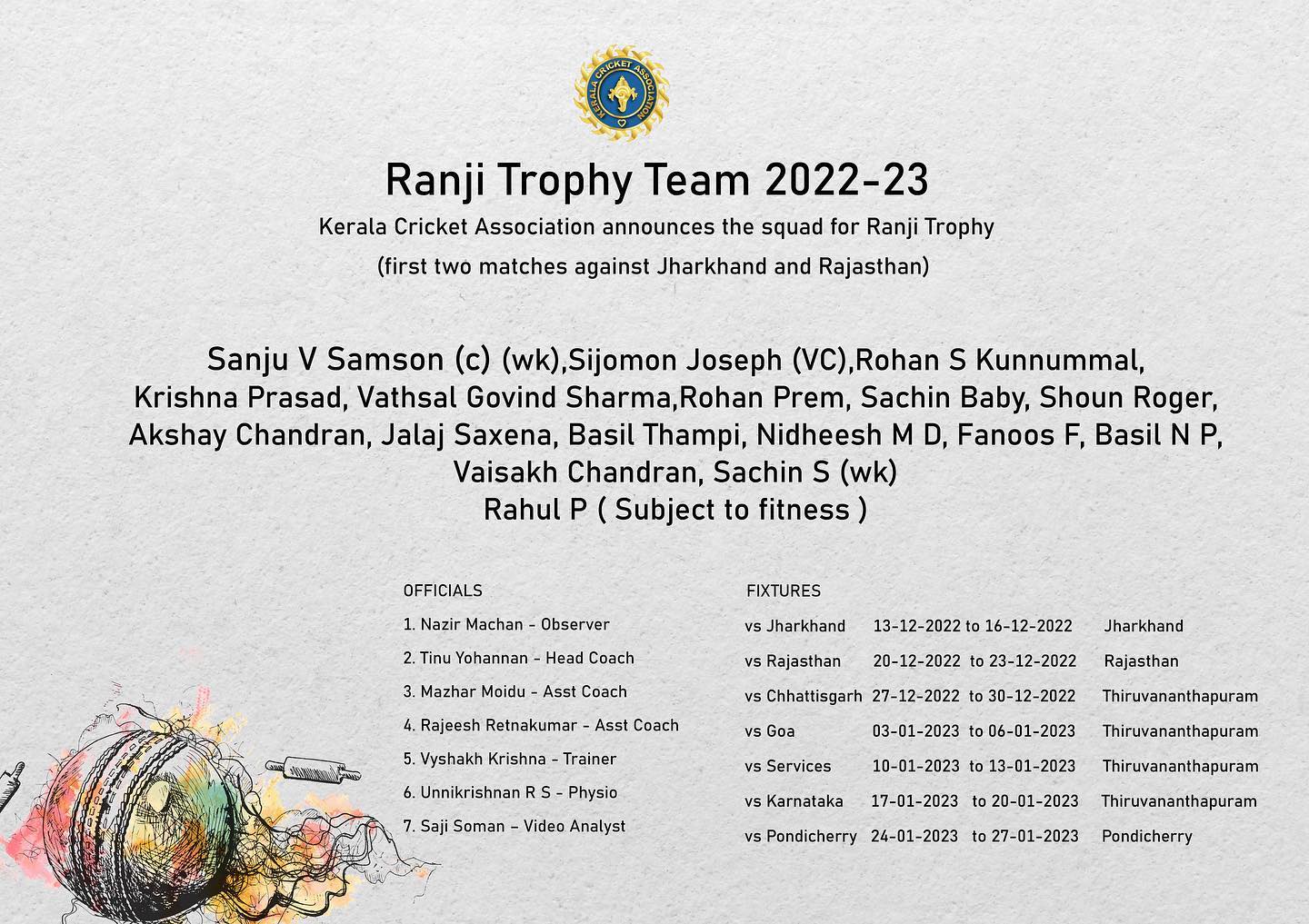 Ranji Trophy Team 2022-23 Kerala Cricket Association Official Website